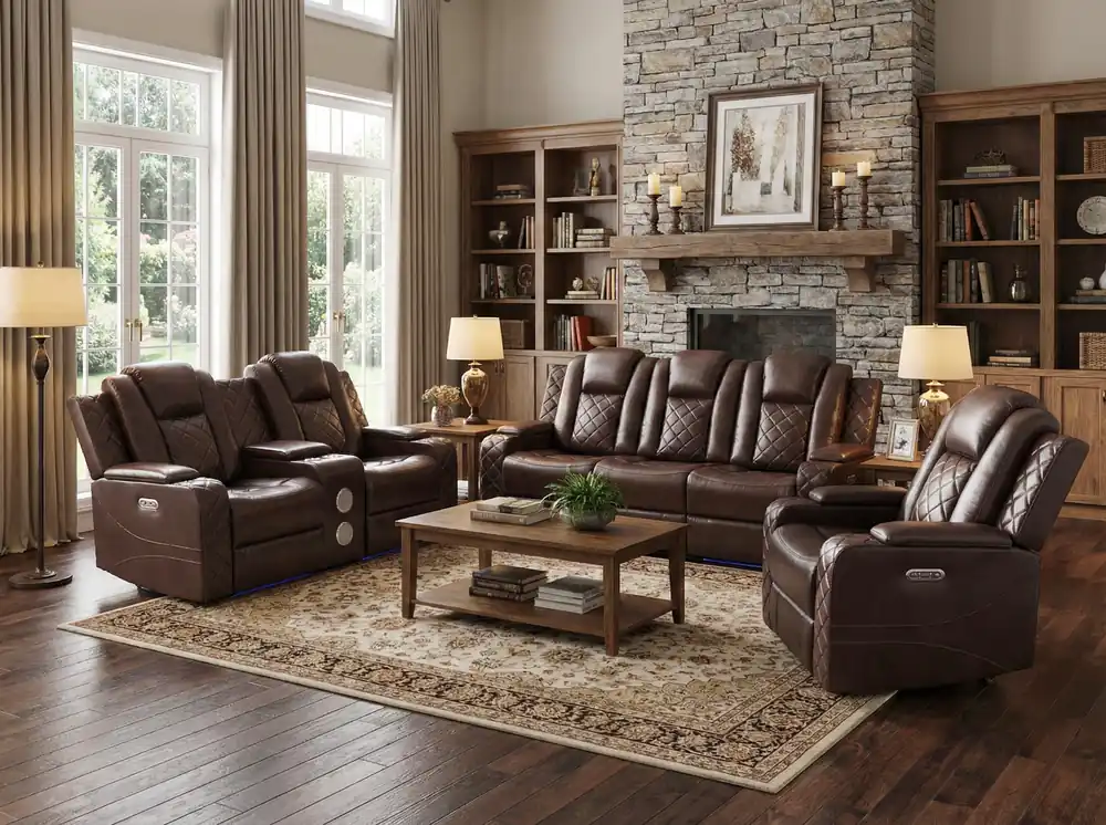 Brown 3 Piece Power Reclining Living Room Set w/ Power Headrests, LED, USB & Console Audio - Sara Collections