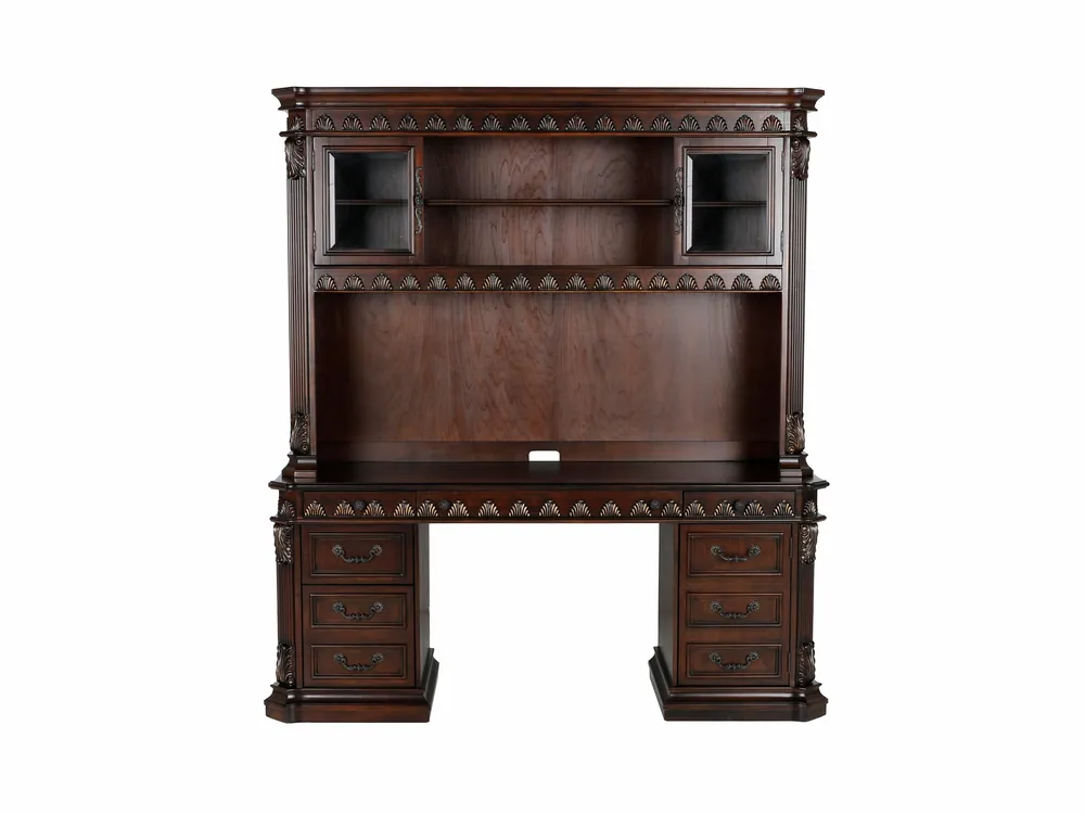 Traditional Executive Desk with Hutch and Glass Door Storage in Dark Brown - Mollai Collections