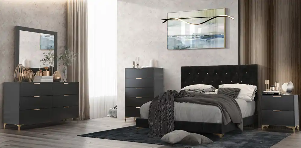 Black Modern Glam 6-Piece Bedroom Set with Tufted Upholstered Full/Queen Bed & Gold Accents