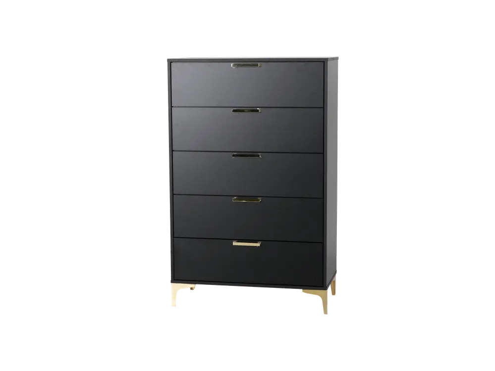 Black Modern Glam 5-Drawer Chest with Gold Accents