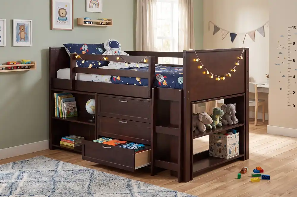 Espresso Twin Low Loft Bed with Storage Drawers & Shelves - Mollai Collections