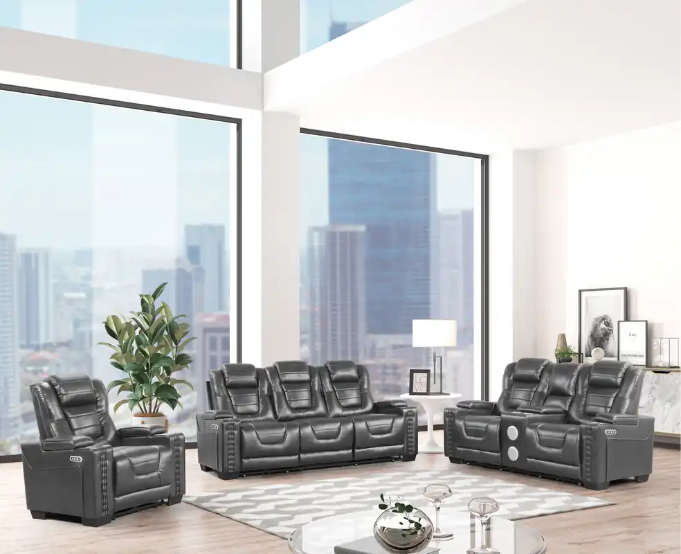 3-Piece Gray Power Reclining Living Room Set w/ Power Headrests, Armrest storage, Dropdown table, cup holder, USB charging, & Speakers.