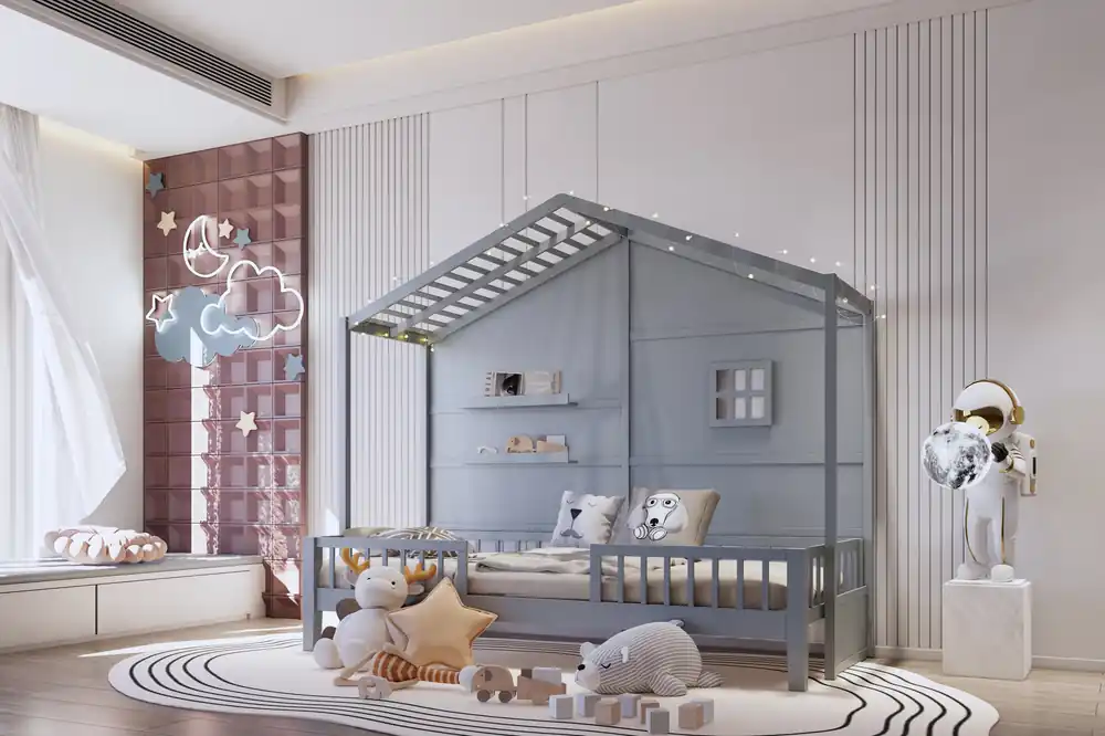 Twin Size House Bed with Shelves - Grey