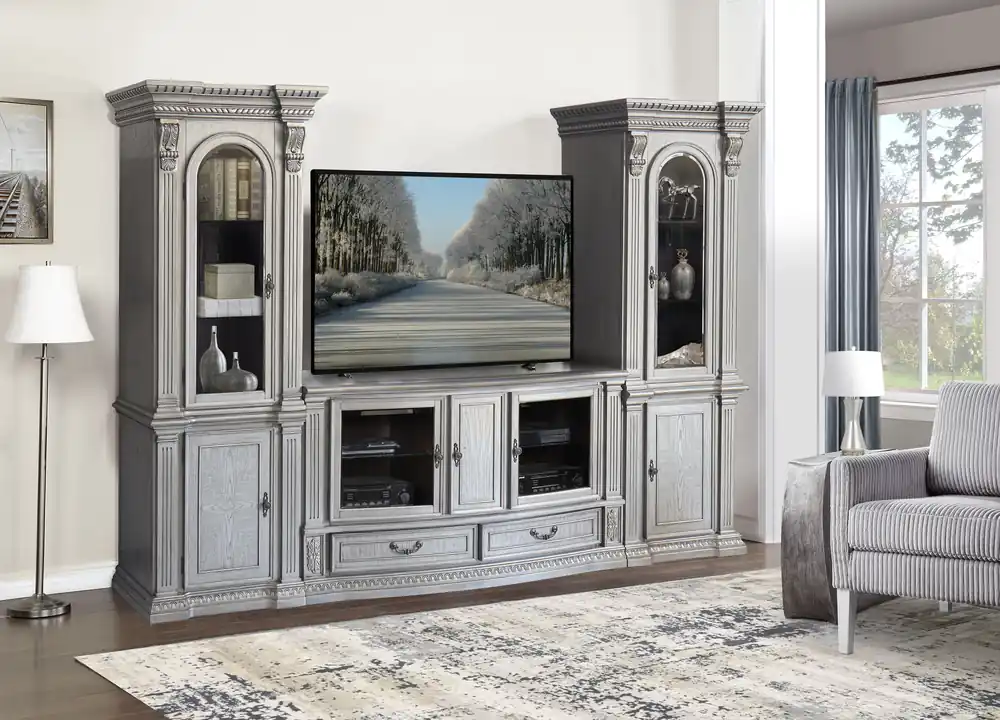 Antique Gray Traditional Entertainment Center with Lighted Piers - Mollai Collections