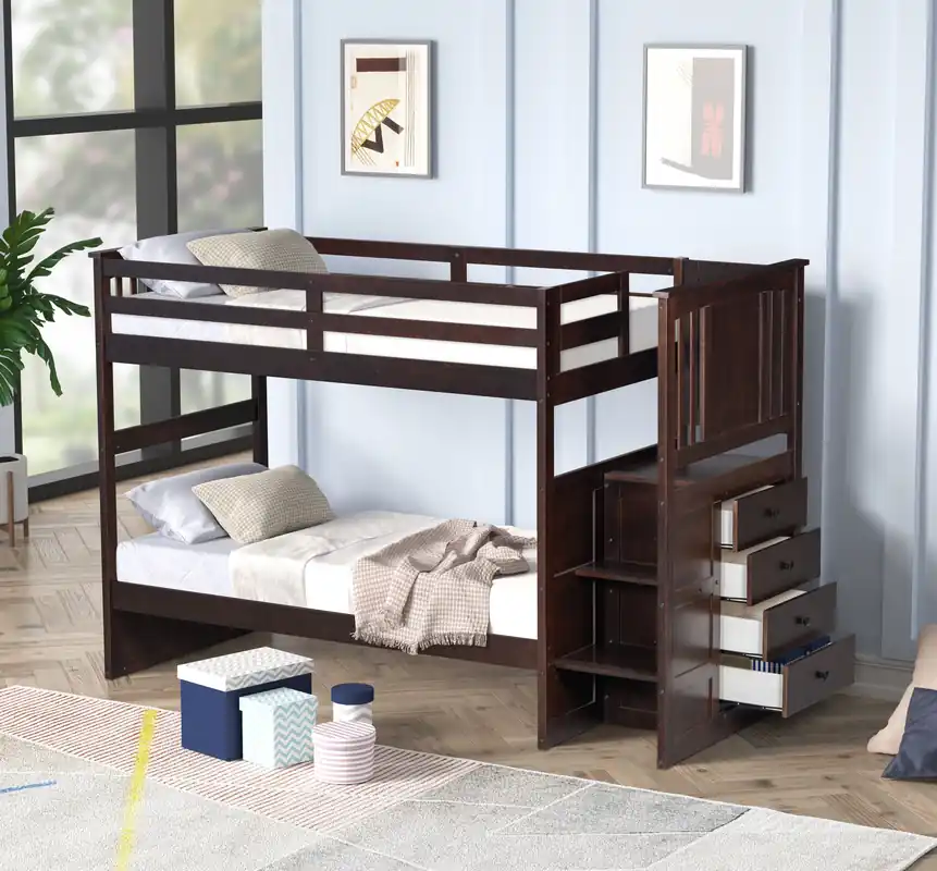 Espresso Stairway Twin Over Twin Bunk Bed with Storage Drawers - Mollai Collections