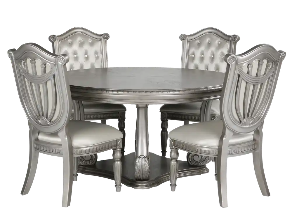 5-Piece Glam Silver Round Dining Set with Tufted Chairs