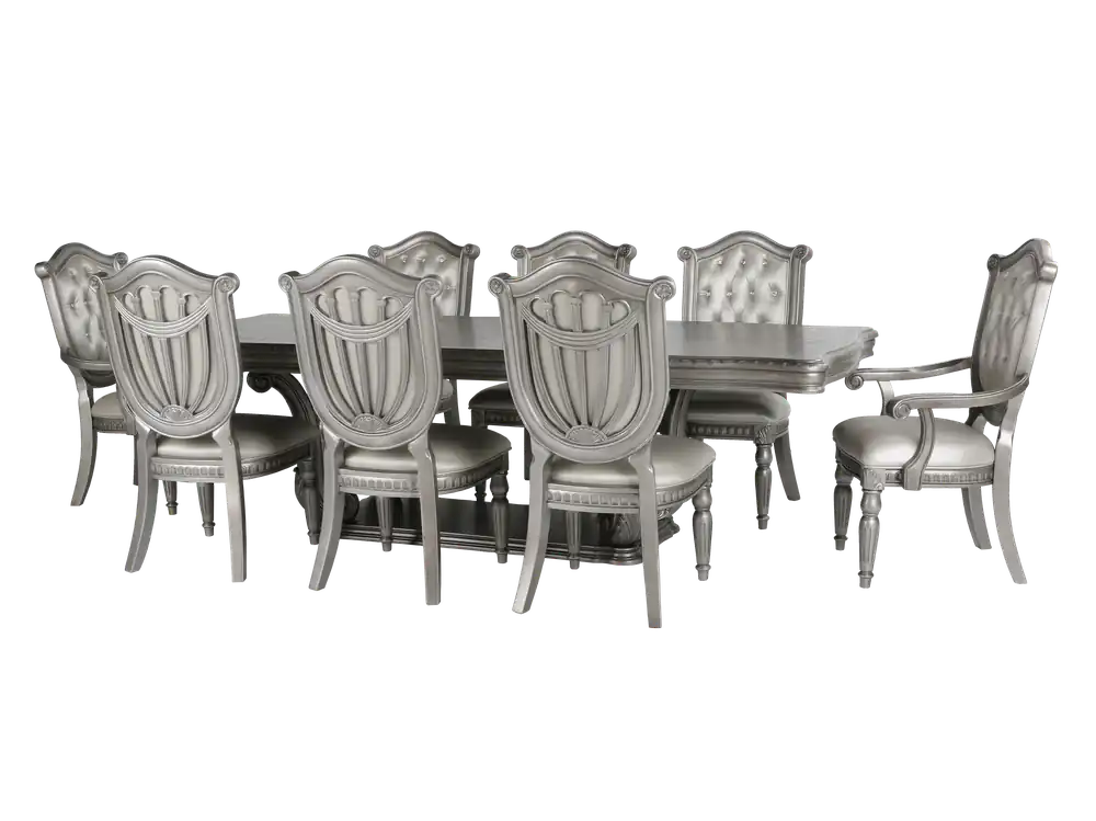 9-Piece Glam Silver Formal Dining Set with Extension Table