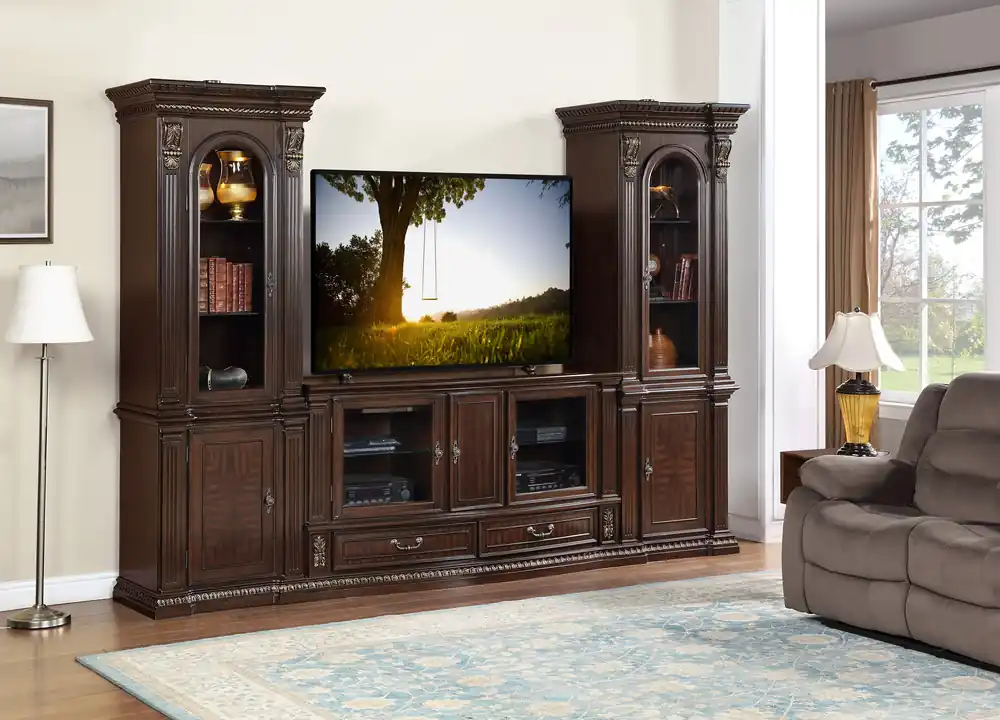 Traditional Dark Cherry Entertainment Center with Lighted Piers - Mollai Collections