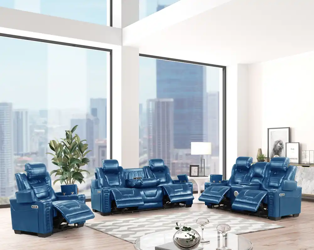 3-Piece Blue Power Reclining Living Room Set w/ Power Headrests, Storage, Reading Light, Built-in Speakers
