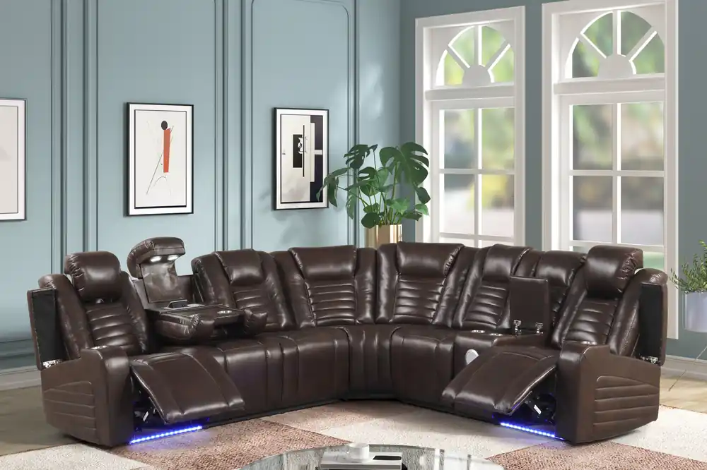 Contemporary Brown Power Reclining Sectional with Power Headrests, LED Light, Bluetooth, Wireless/USB Charging & Storage - Sara Collections