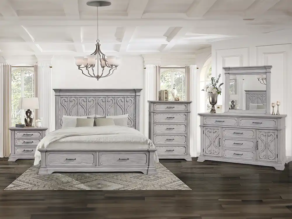 Artesian 6-Piece Light Gray Storage Bedroom Set (Bed, Dresser, Mirror & Nightstand)