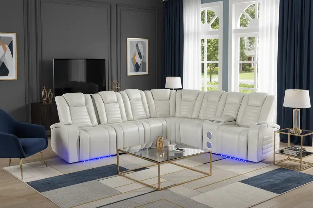 Modern Contemporary Cream Power Reclining Sectional w/ Power Headrests, LED, Wireless + USB Charging, Storage & Bluetooth Console - Sara Collections