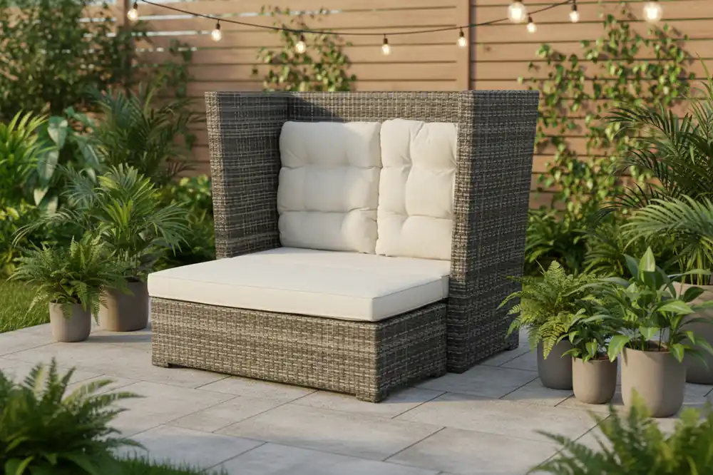 Gray Wicker Outdoor Lounge Chair with High Back and Cream Cushions - Mollai Collections