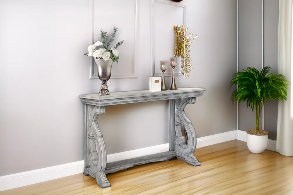 Antique Gray Carved Sofa Table / Console Table - Mollai Collections