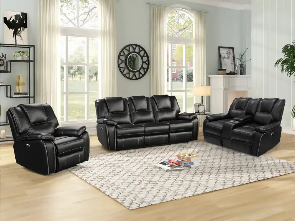 Modern Black Air Leather 3-Piece Power Reclining Living Room Set with Console