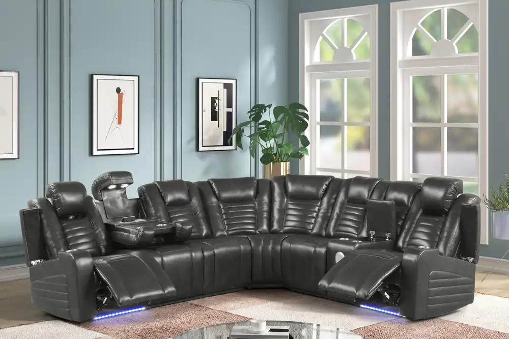 Modern Black Air Leather Power Reclining Sectional w/ Power Headrests, LED, Reading Light & Wireless/USB Charging - Sara Collections