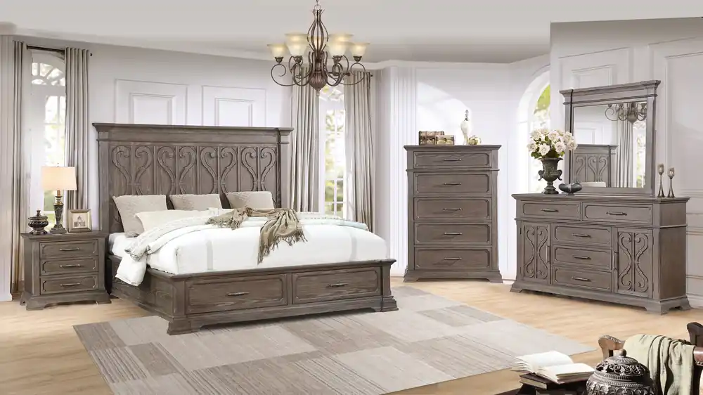 Reclaimed Grey Oak Carved Storage Bedroom Set (Bed, Dresser, Mirror & Nightstand) - Mollai Collections
