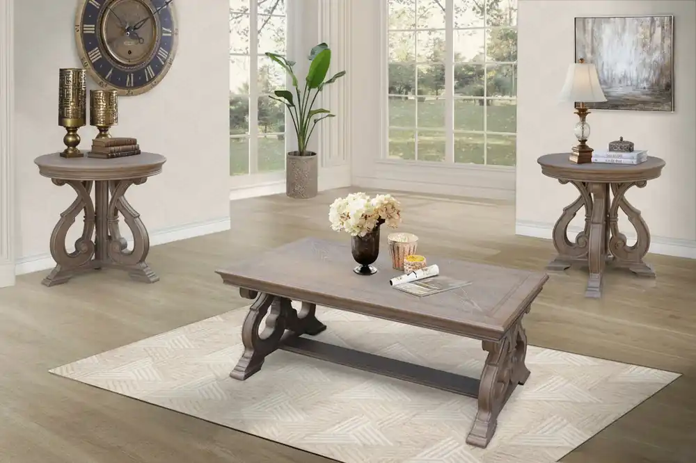 Reclaimed Grey Oak Scroll-Base 3-Piece Coffee Table Set