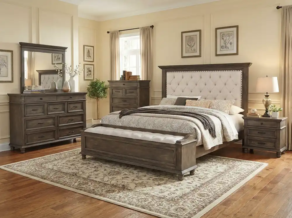 Brown Rustic Upholstered 6 Piece King Bedroom Set with Storage Bench - Mollai Collections
