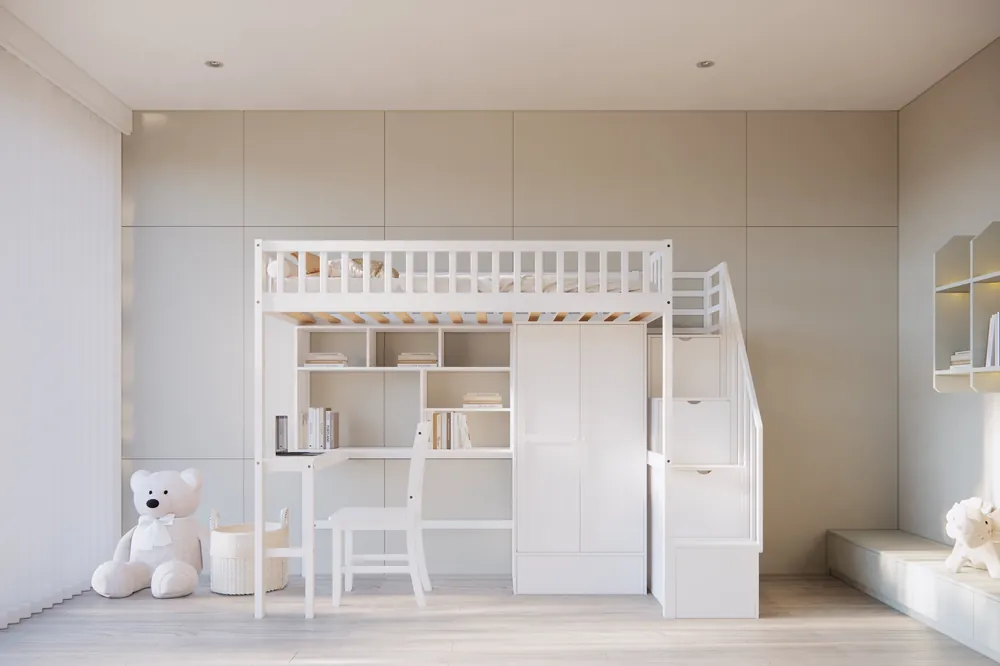 White Twin Loft Bed with Desk, Bookshelf, Wardrobe & Storage Stairs, Chair - Mollai Collections