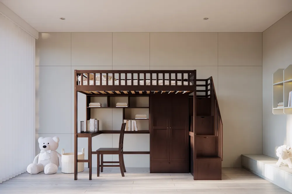 Espresso Twin Loft Bed with Desk, Stair Storage, Wardrobe, and Chair - Mollai Collections