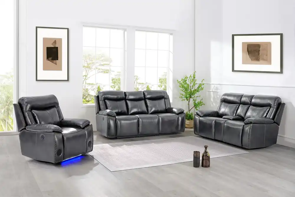 3-Piece Power Reclining Living Room Set with Stationary Loveseat & LED Accent Lighting (Charcoal)