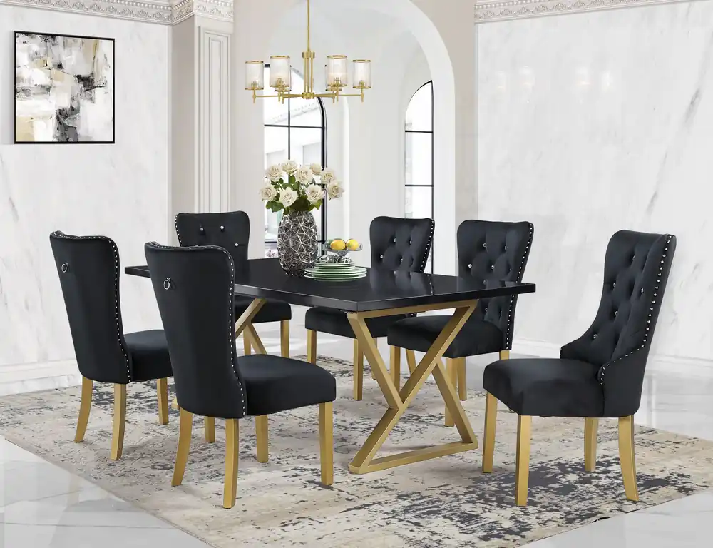 7 Piece Black Marble Dining Set with Steel Base and Velvet Chairs - Mollai Collections