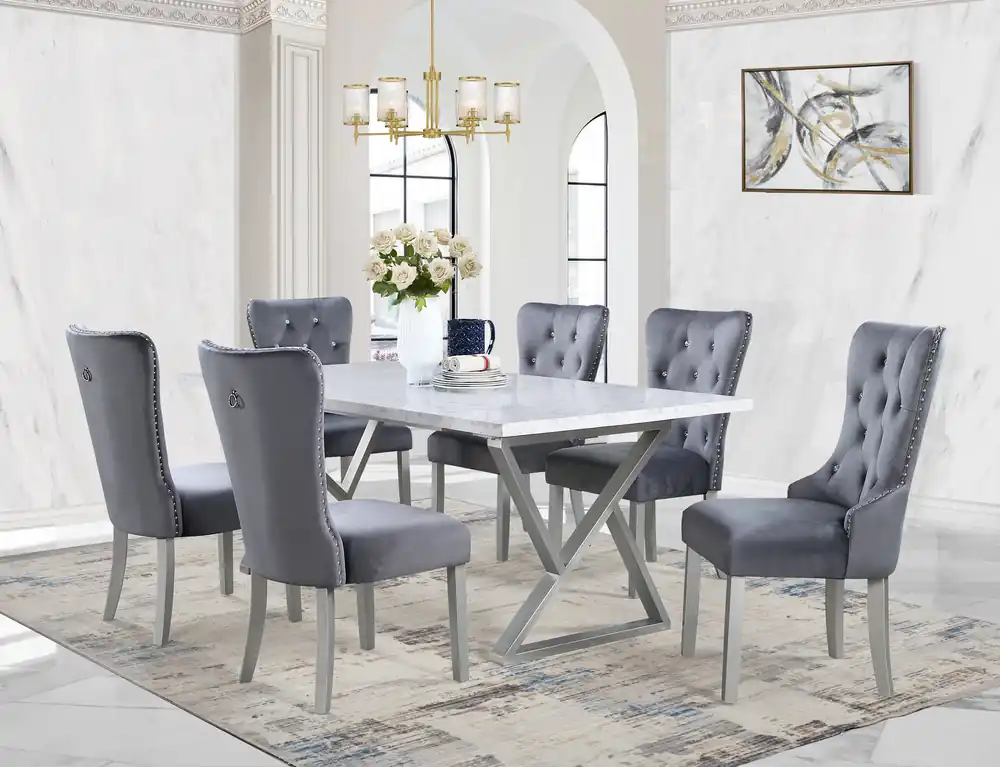 7 Piece Gray Marble Dining Set with Steel Base and Velvet Chairs - Mollai Collections