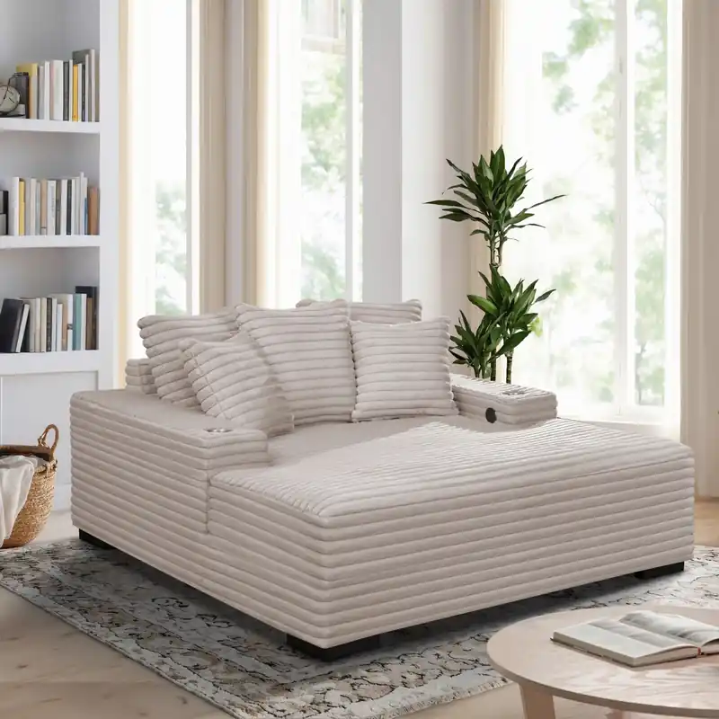 Beige Chaise Lounge with Dual Cup Holders and USB Charging Ports - Sara Collections