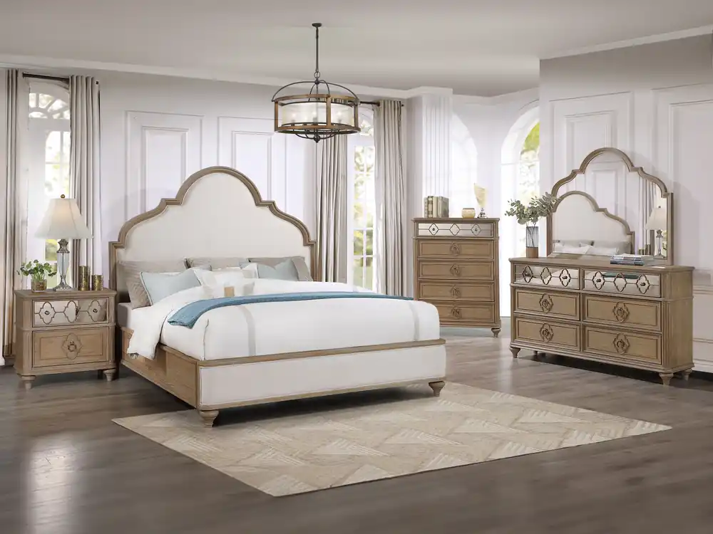 Light Oak & Beige Transitional 6-Piece Bedroom Set with Scalloped Upholstered Bed, Dresser, Mirror & Nightstand