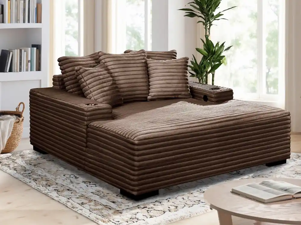 Brown Chaise Lounge with Dual Cup Holders and USB Charging Ports - Sara Collections