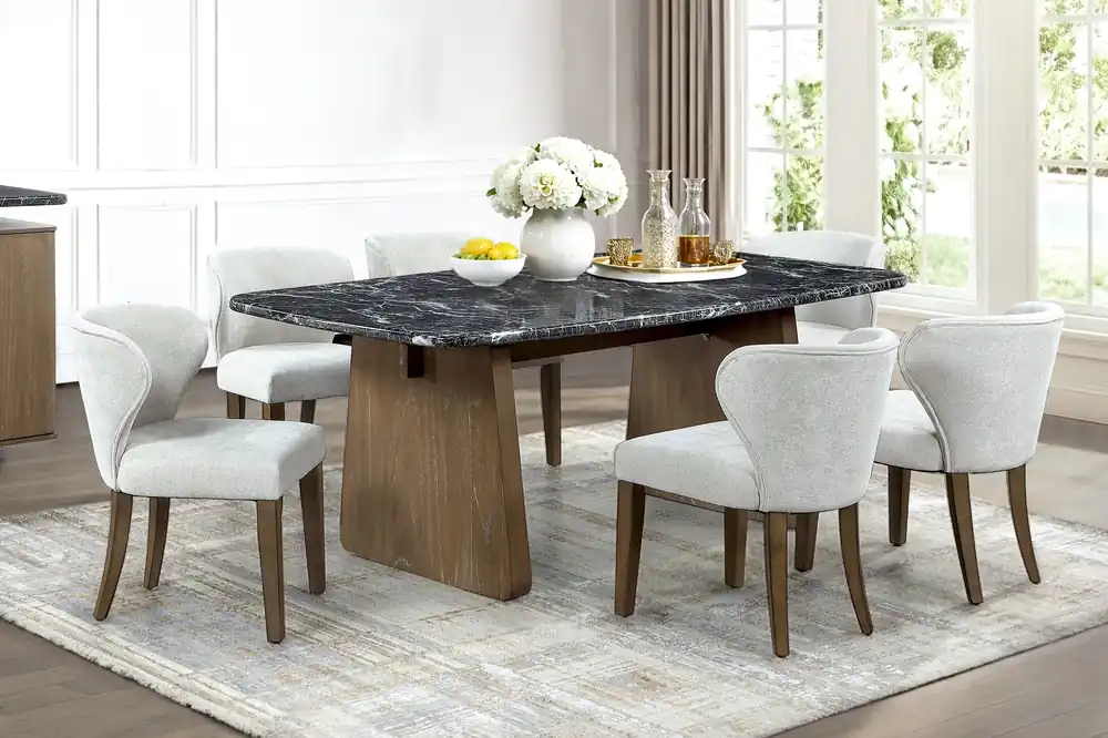 Contemporary Walnut Brown & Black Marble-Look 7-Piece Dining Room Set
