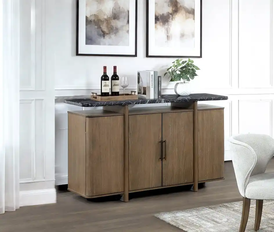 Contemporary Dark Walnut Brown & Black Marble-Look Sideboard Buffet Cabinet