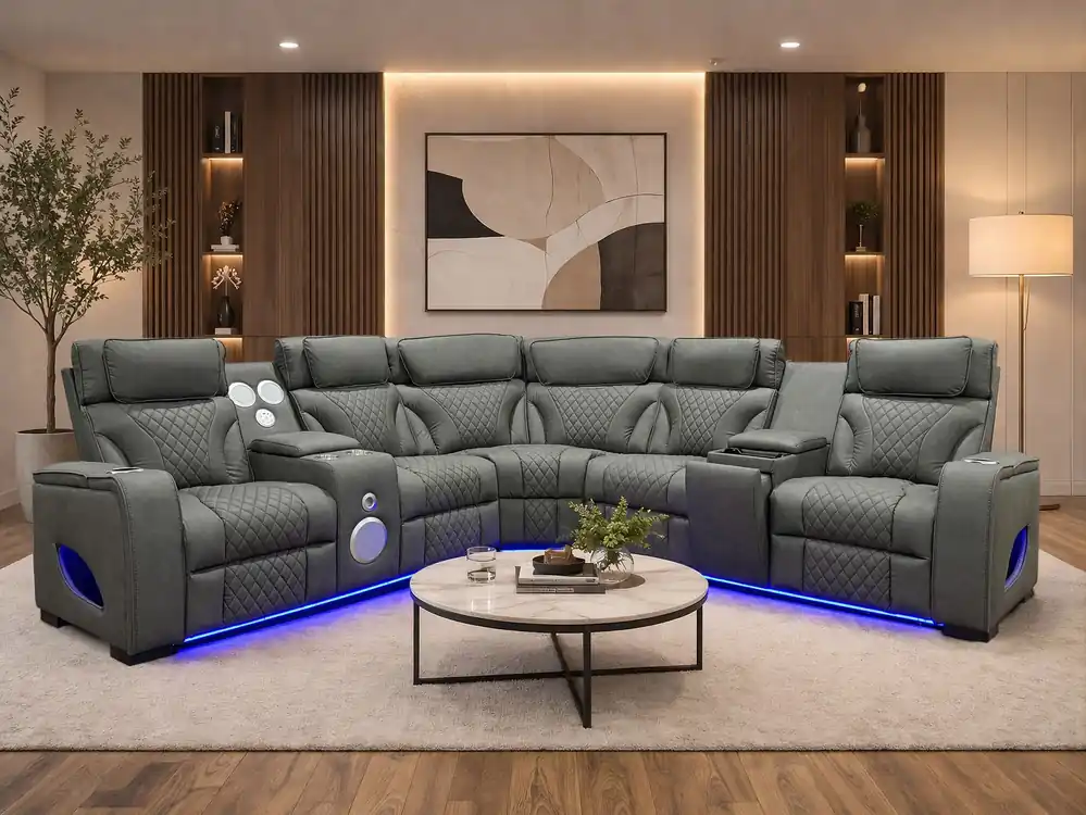 Contemporary Gray Power Reclining Sectional with Power Headrests, LED, Speakers & Wireless Charging - Sara Collections