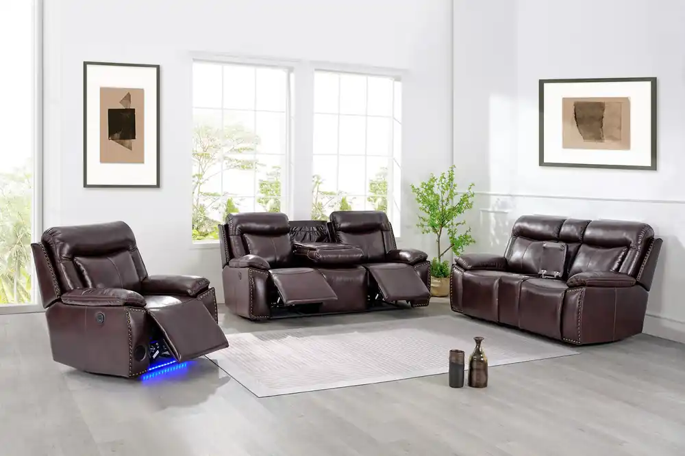 3-Piece Brown Power Reclining Living Room Set with Console Loveseat, USB & Bluetooth Speaker