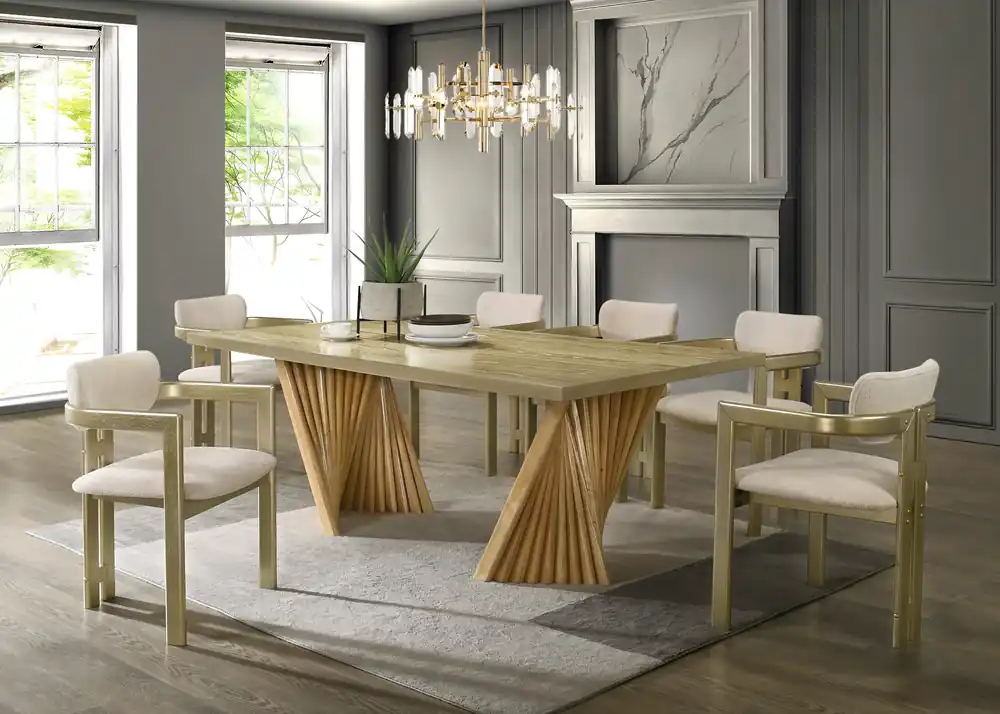 Gold & Natural Modern Sculptural Pedestal Dining Room Set with Upholstered Chairs - Mollai Collections