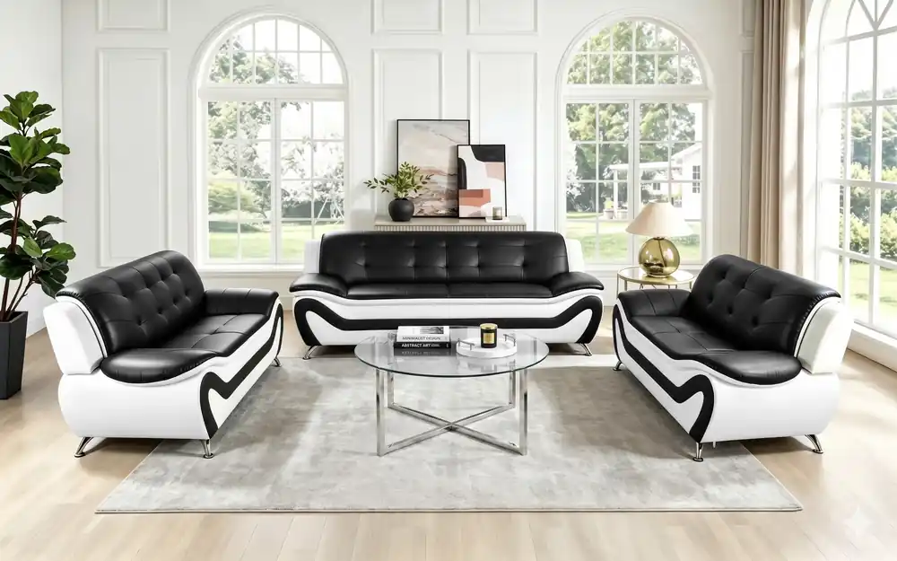 Black & White Modern Curved Living Room Set with Metal Legs - Sara Collections