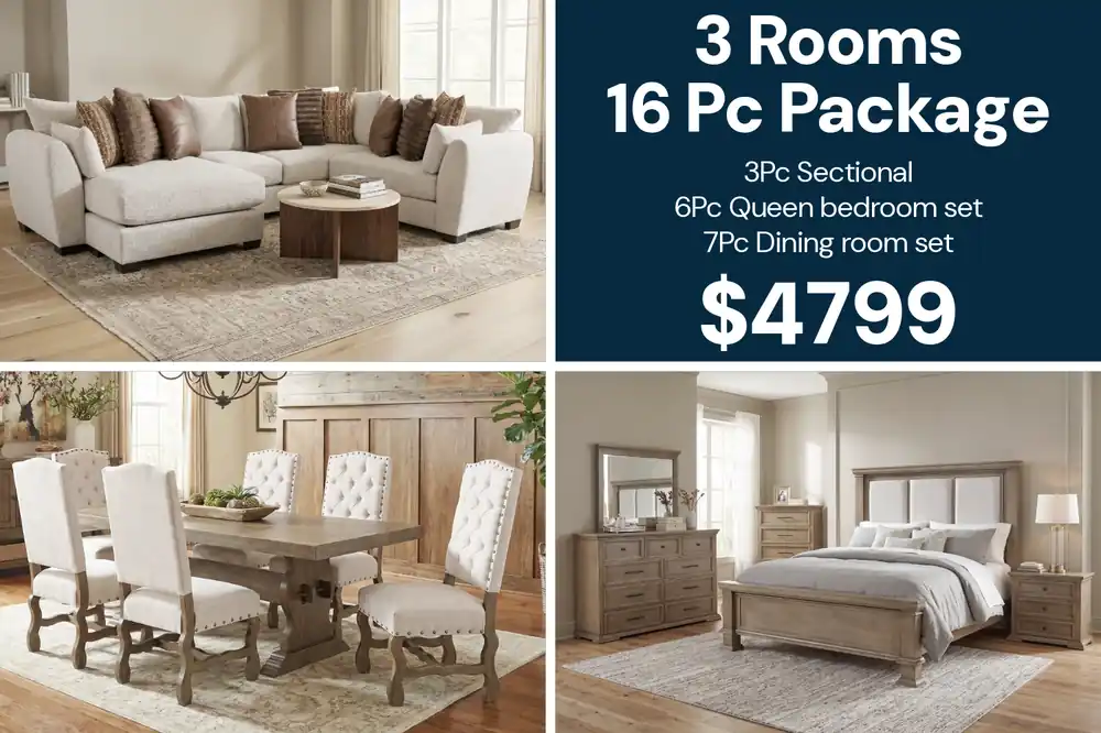 Beige Rustic 3 Room Furniture Package with Plush Sectional, Upholstered Queen Bedroom Set & 7 Piece Dining Set - Room Package