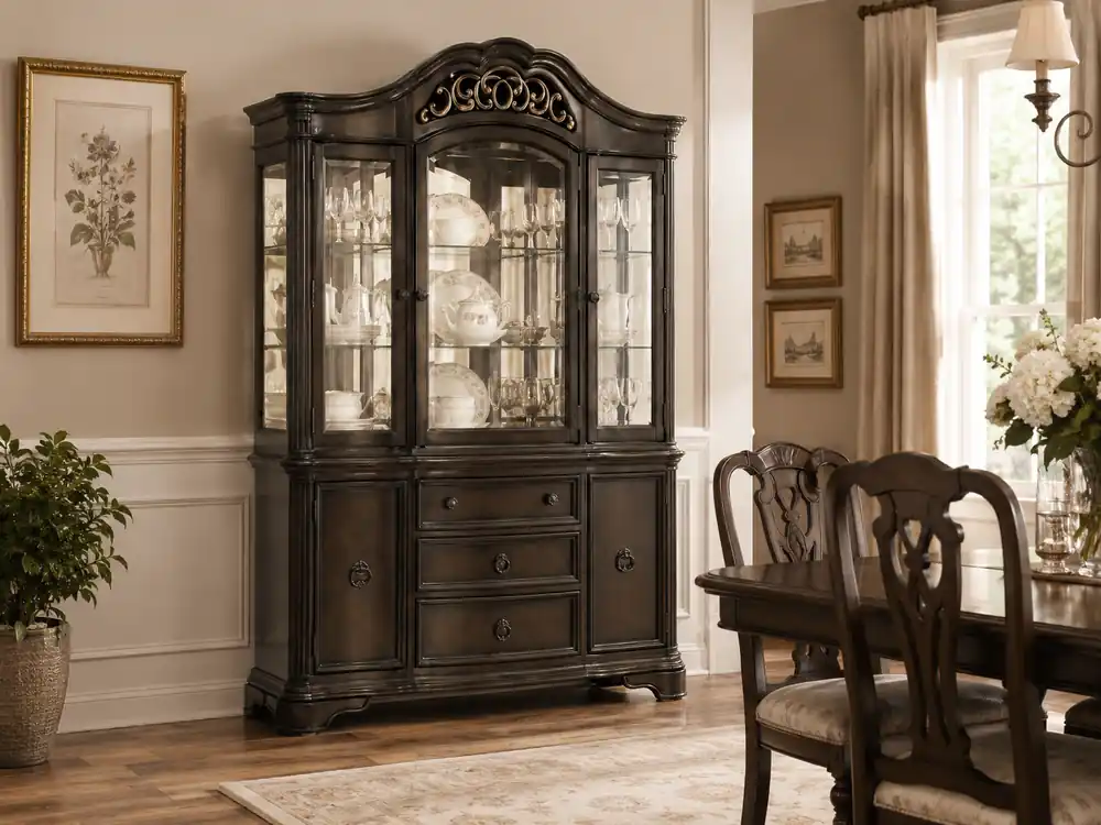 Espresso Traditional China Cabinet with Glass Hutch & Buffet Storage - Mollai Collections