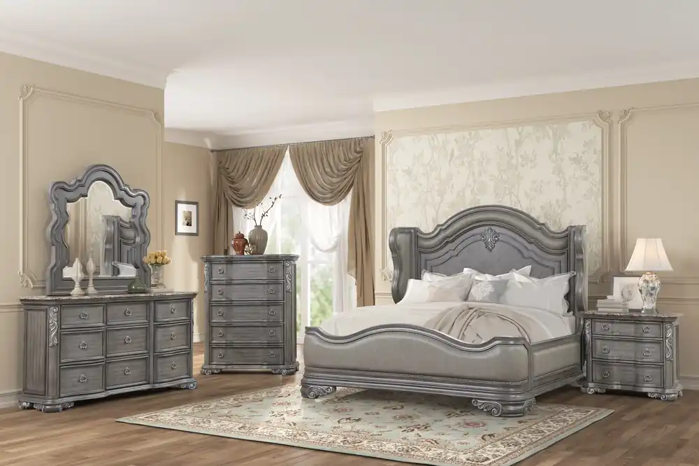 Gray Marble Top Upholstered Panel 6-Piece Bedroom Set with Dresser, Mirror & Nightstand