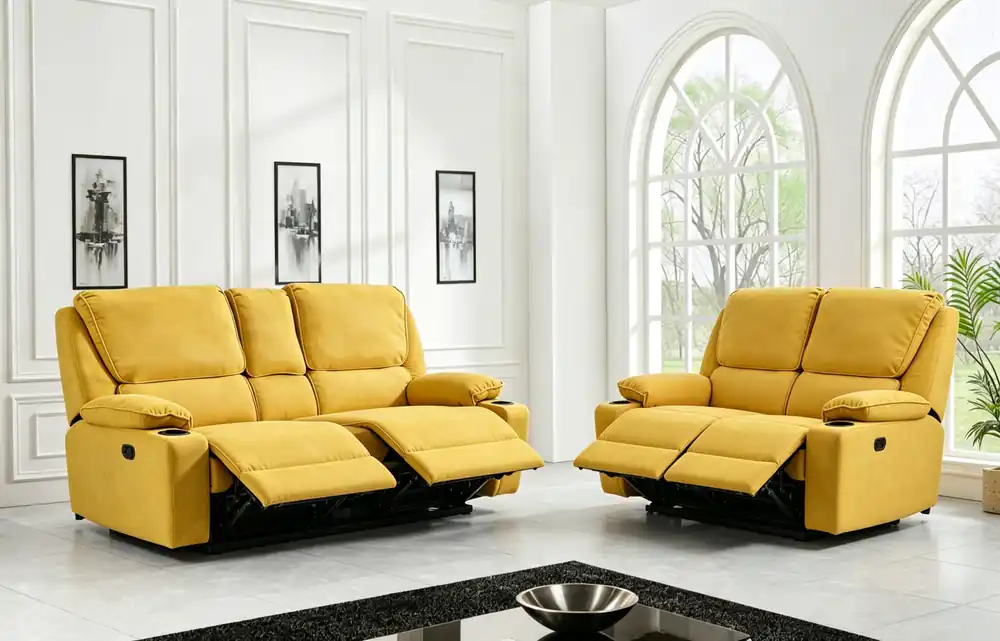 Yellow Manual Reclining 2 piece Loveseat Set with Storage Console and Cup Holders - Sara Collections