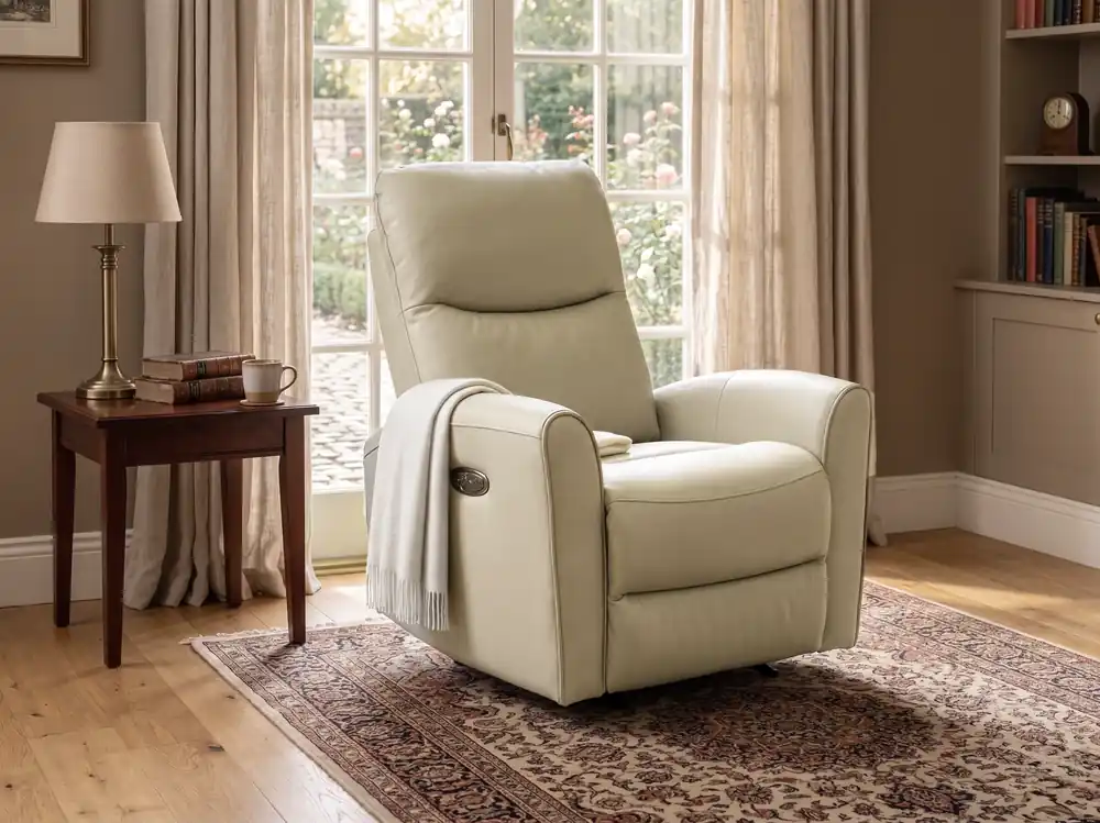 Beige Top Grain Leather Power Recliner with USB Charging - Sara Collections