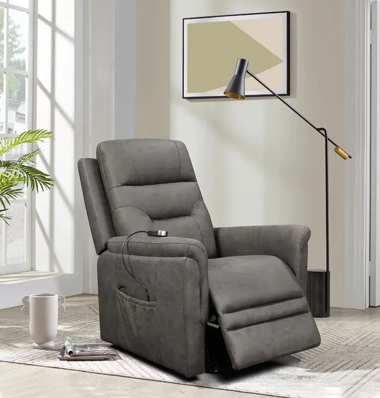 Gray Tufted Power Recliner with Side Pocket & Remote Control - Sara Collections