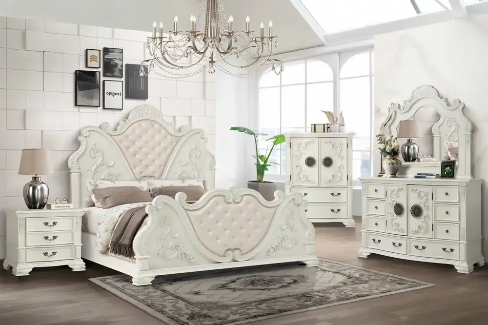 White Ornate Carved Bedroom Chest with Cabinet Storage & Drawers - Mollai Collections