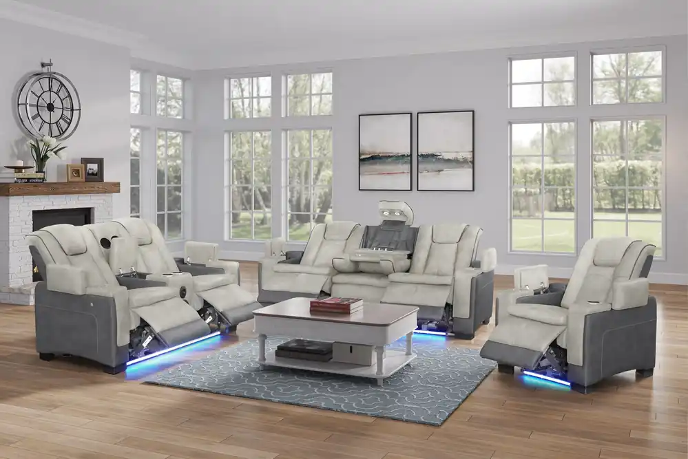 Gray Two-Tone Power Reclining Living Room Set with Power Headrests, LED Lighting, Console Storage, Bluetooth Speakers & USB Charging
