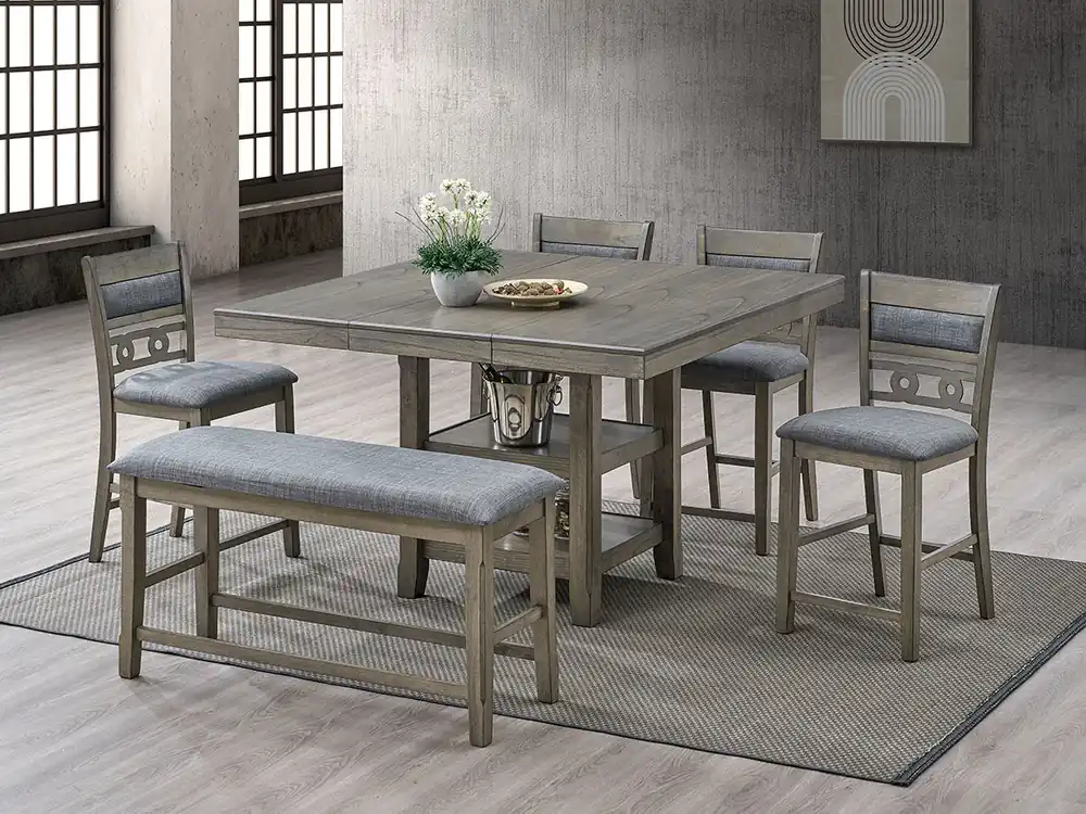Gray Counter Height Dining Set with Square Pub Table, 4 Chairs & Upholstered Bench - Mollai Collections