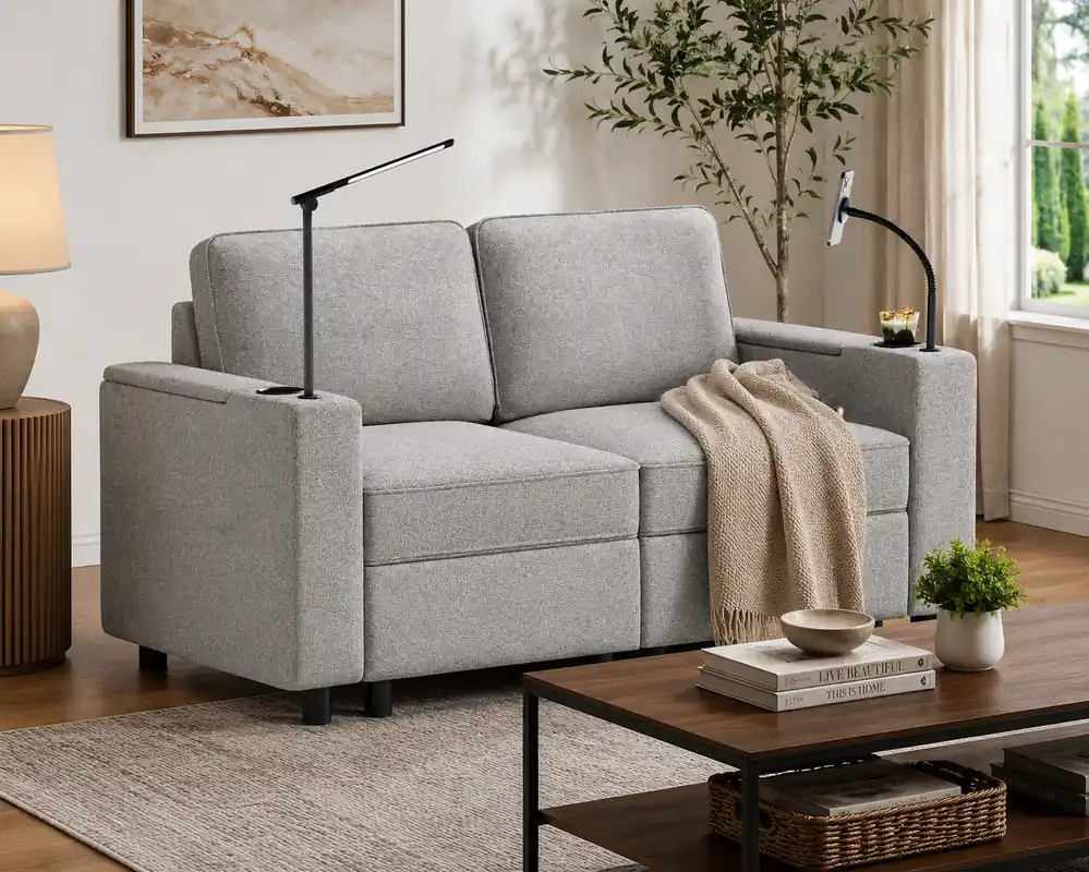 Gray Fabric Loveseat with Built-In Arm Lights, Phone Holder & Modern Compact Design