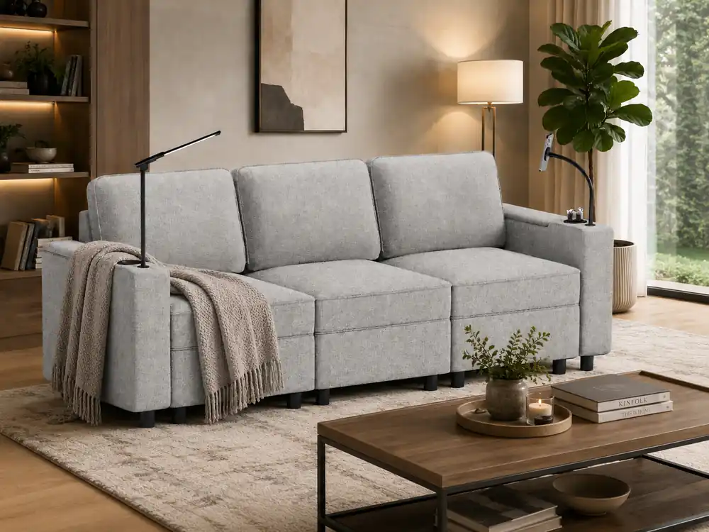 Gray Fabric Sofa with Built-In Arm Lights, Phone Holder & Modern 3-Seat Design
