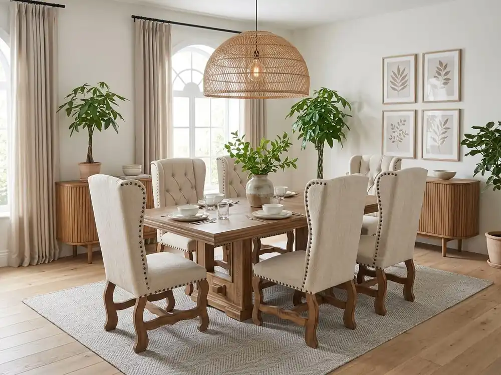 Traditional Rustic Solid Wood 7 Piece Dining Room Set with Beige Tufted Upholstered Chairs, Nailhead Trim & Pedestal Table Design - Mollai Collections