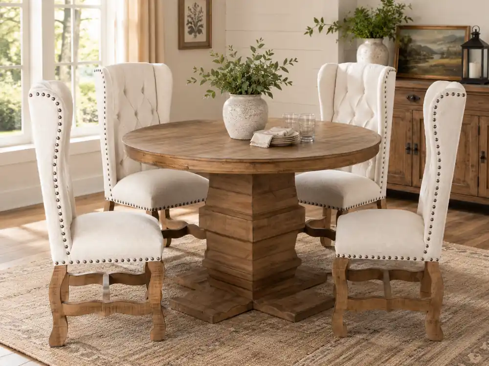 Traditional Rustic Natural Wood Round Dining Set with Beige Tufted Wingback Chairs, Nailhead Trim & Pedestal Table Design - Mollai Collections